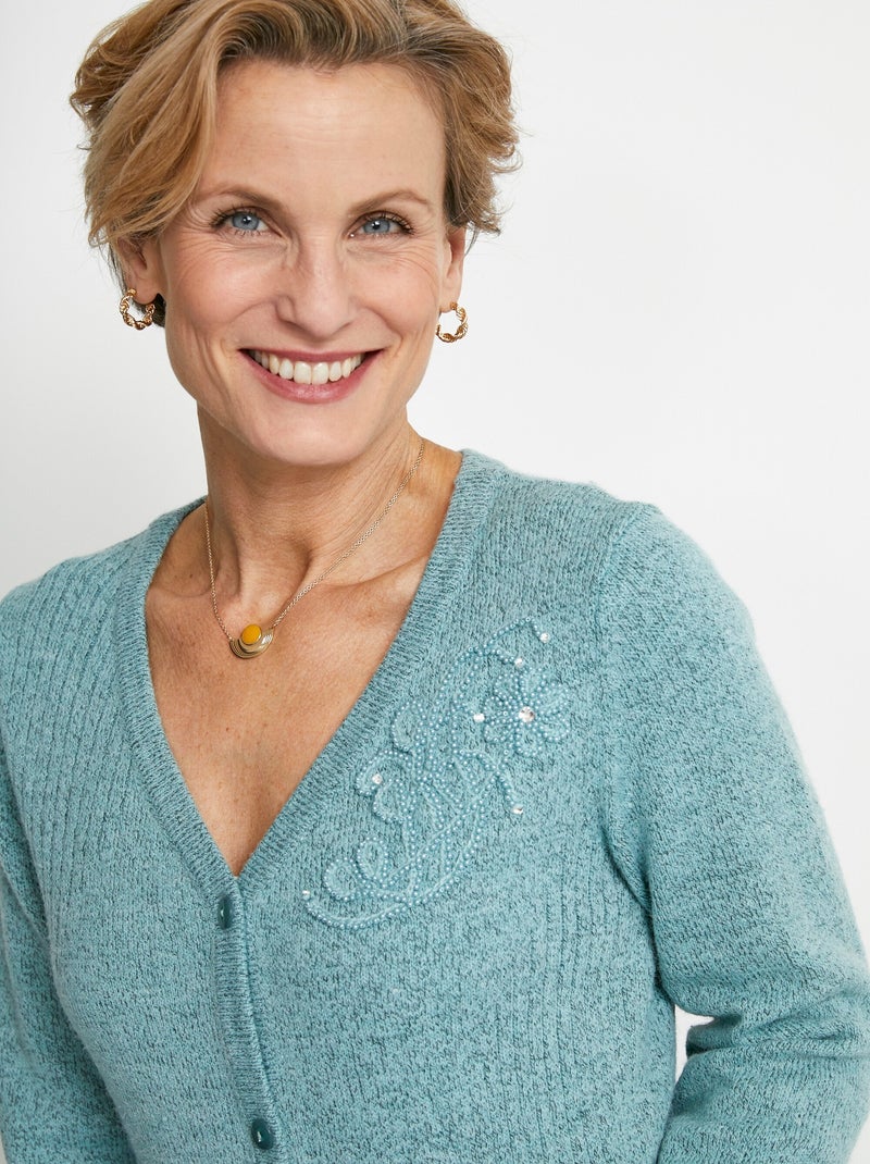 Gilet col V boutonné brodés strassé Vert - Kiabi