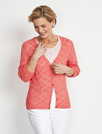 Gilet col V boutonné court ajouré - Afibel