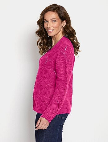 Gilet col V boutonné maille ajourée