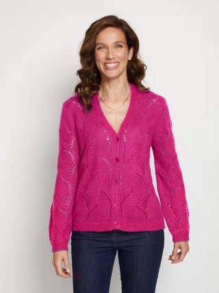 Gilet col V boutonné maille ajourée
