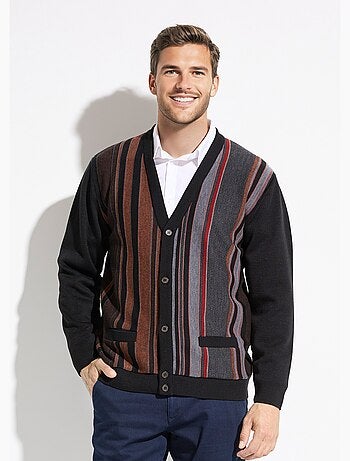 Gilet col V boutonné rayures jacquard laine - Afibel