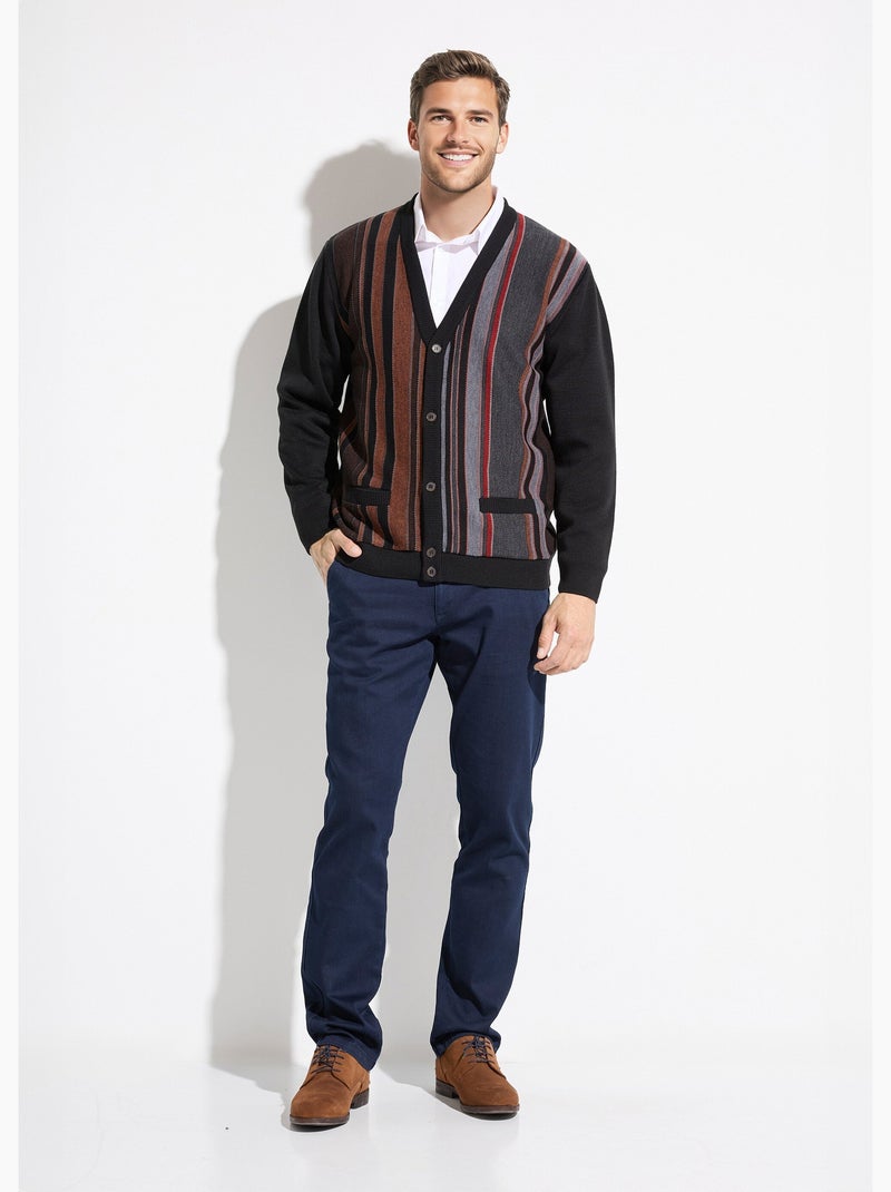 Gilet col V boutonné rayures jacquard laine - Afibel Noir - Kiabi