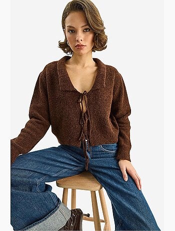 Gilet côtelé oversize à col v et fermeture à nouer lucci