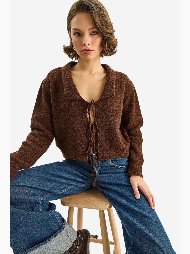 Gilet côtelé oversize à col v et fermeture à nouer lucci Marron foncé - Kiabi