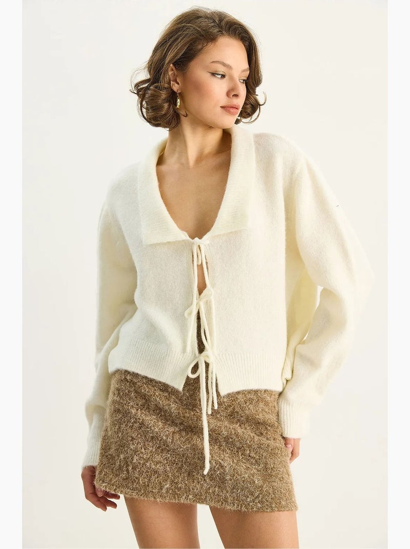 Gilet côtelé oversize à col v et fermeture à nouer lucci Sable - Kiabi