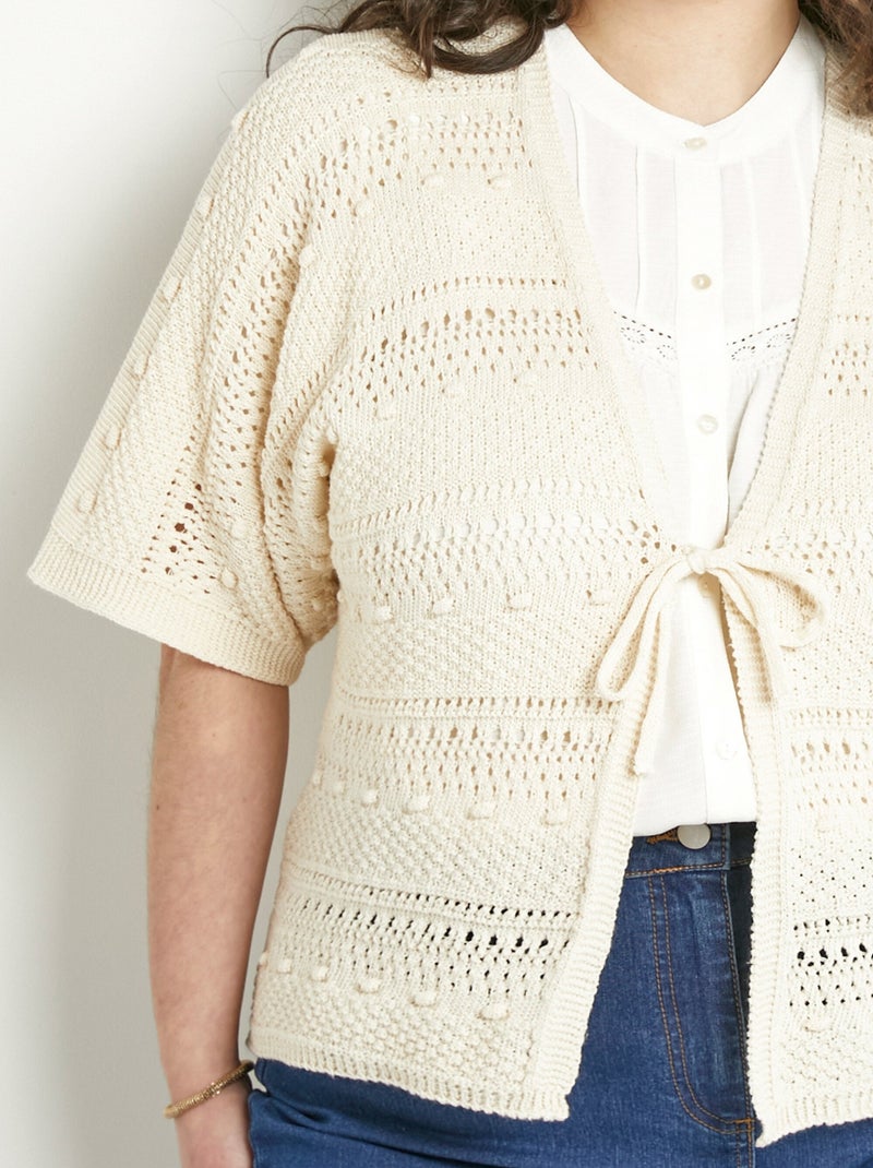 Gilet court ajouré col V à nouer manches courtes - Afibel Beige - Kiabi