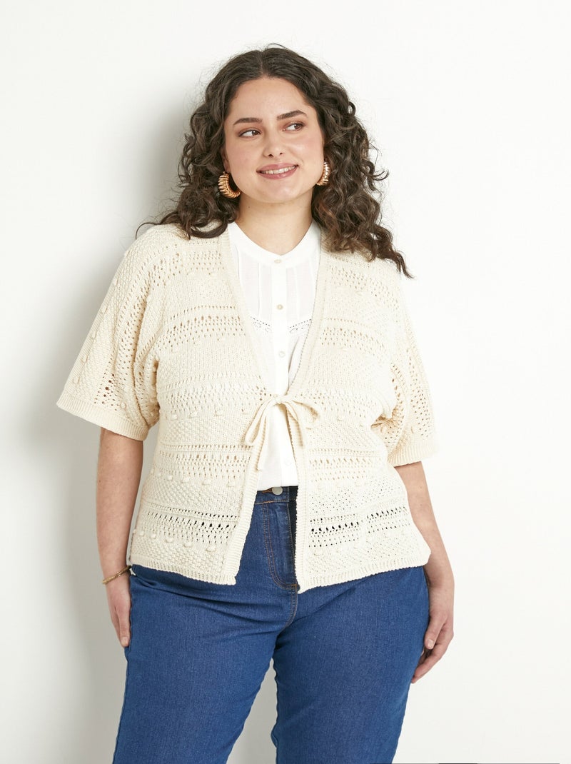 Gilet court ajouré col V à nouer manches courtes Beige - Kiabi