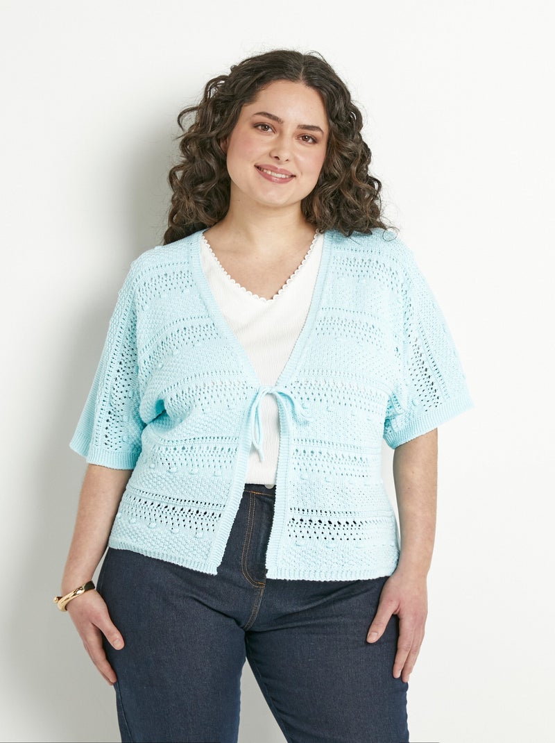 Gilet court ajouré col V à nouer manches courtes Bleu turquoise - Kiabi