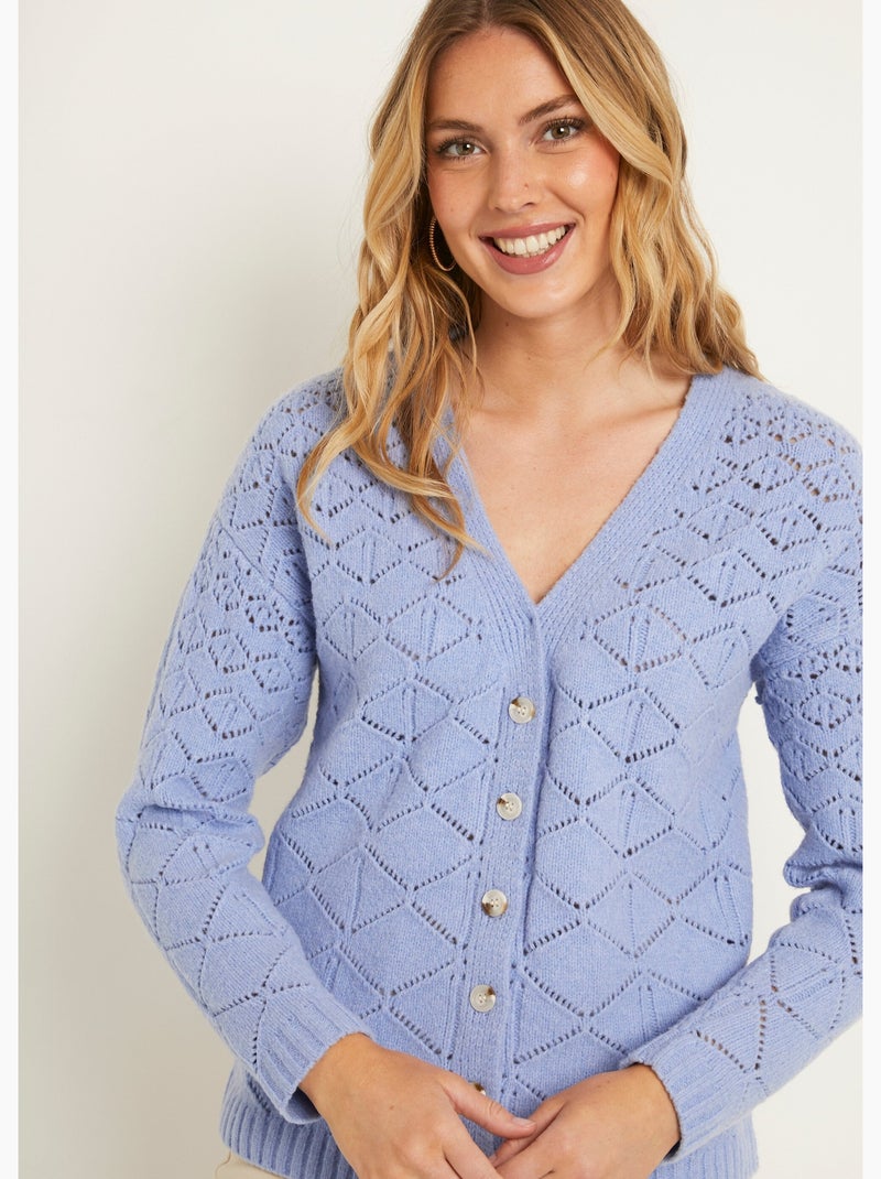 Gilet court ajouré col V boutonné uni - Afibel Bleu - Kiabi
