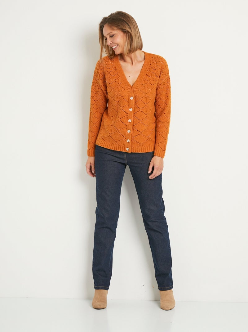 Gilet court ajouré col V boutonné uni - Afibel Marron caramel - Kiabi