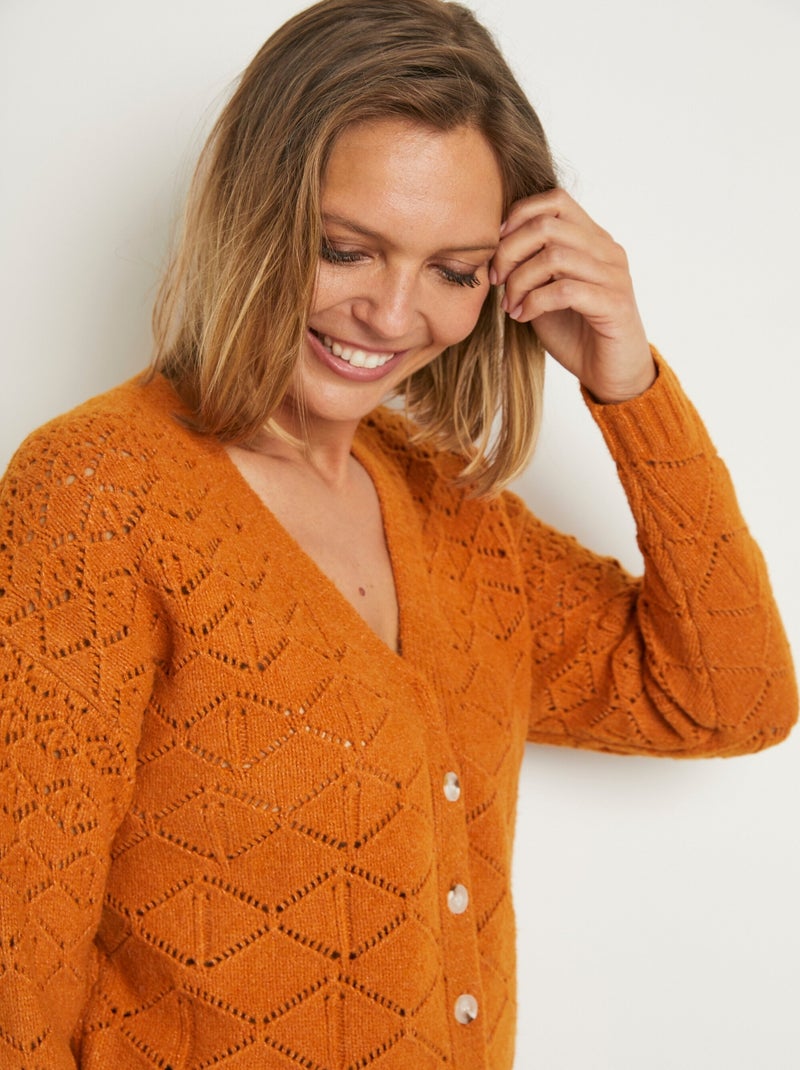 Gilet court ajouré col V boutonné uni - Afibel Marron caramel - Kiabi