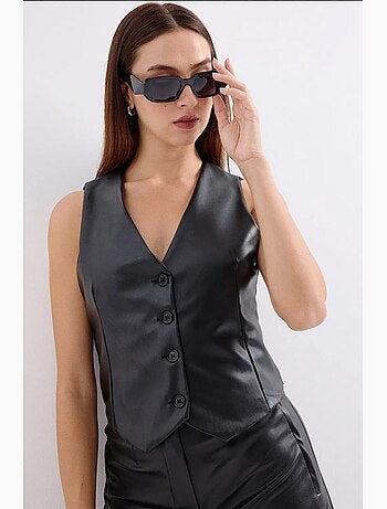 Gilet court boutonné à col en v en similicuir bdart