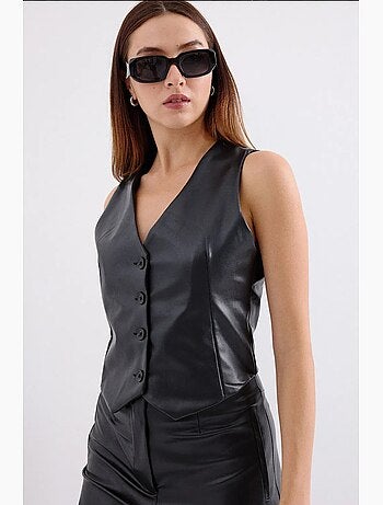 Gilet court boutonné à col en v en similicuir bdart