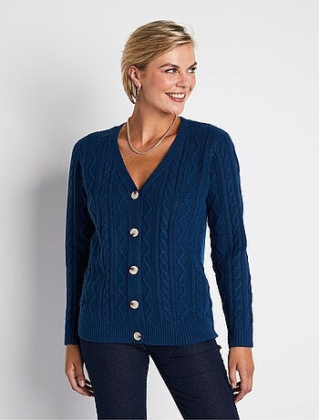 Gilet court boutonné col V maille torsades