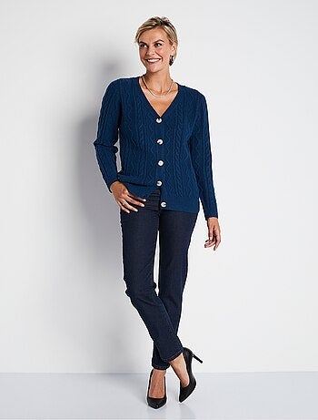 Gilet court boutonné col V maille torsades