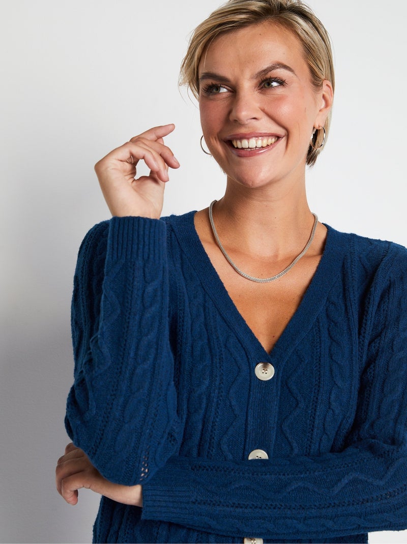 Gilet court boutonné col V maille torsades Bleu - Kiabi