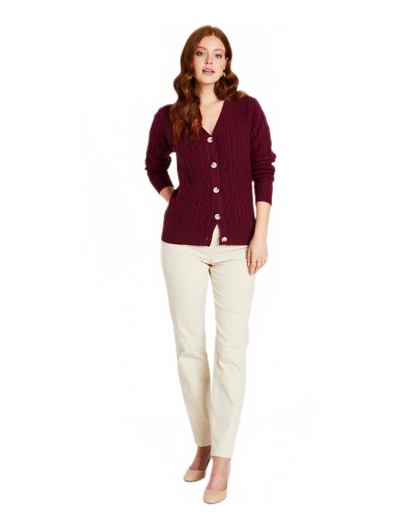 Gilet court boutonné col V maille torsades Violet prune - Kiabi