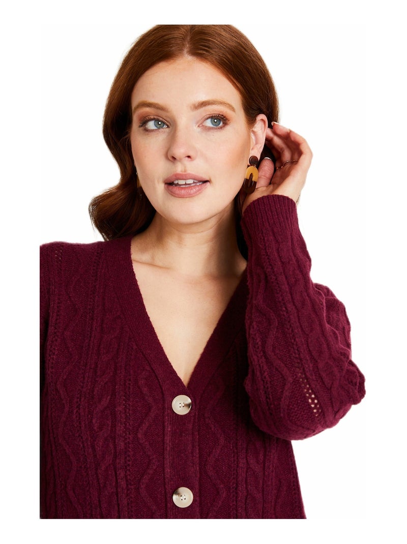 Gilet court boutonné col V maille torsades Violet prune - Kiabi