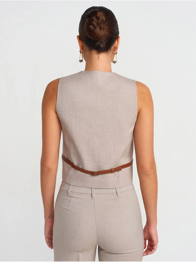 Gilet court ceinturé à col v dilvin Beige argile - Kiabi
