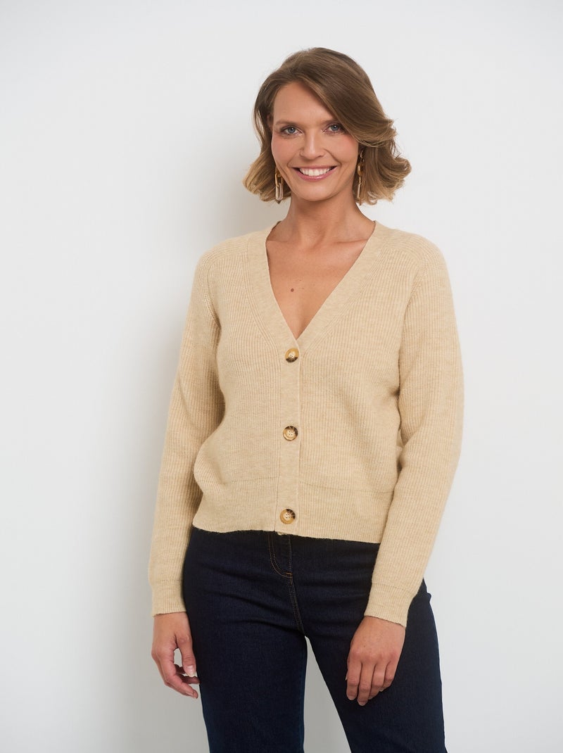 Gilet court col V boutons contrastés Beige - Kiabi