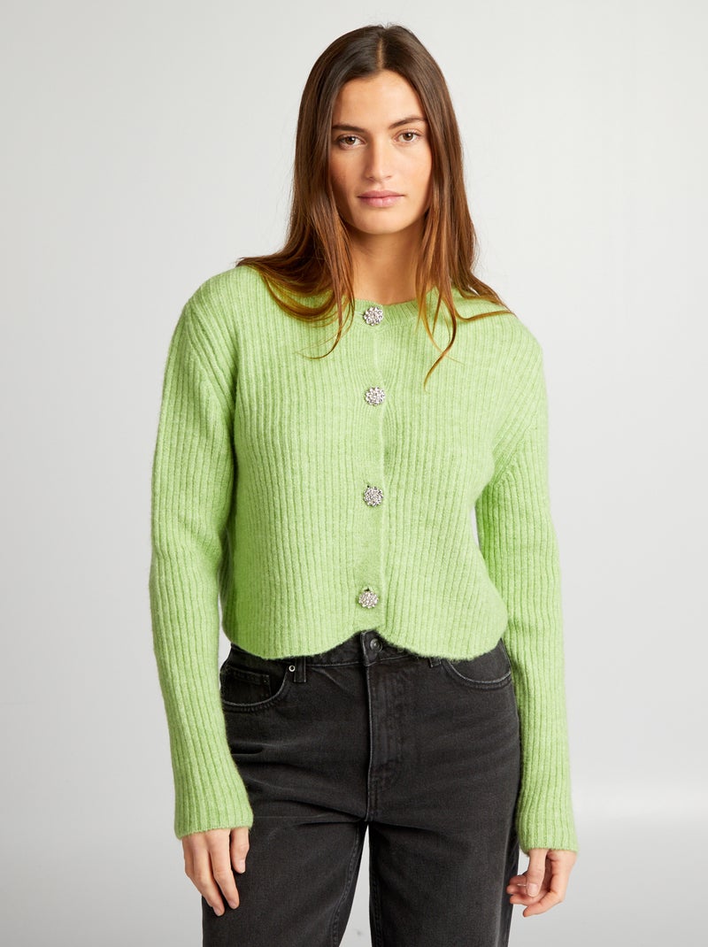 Gilet court côtelé avec boutons bijoux Vert Kiabi