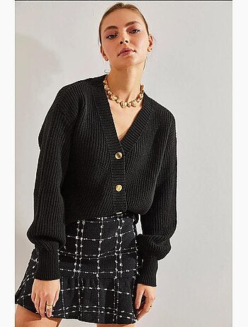 Gilet court en maille côtelée à col en v avec boutons dorés lucci