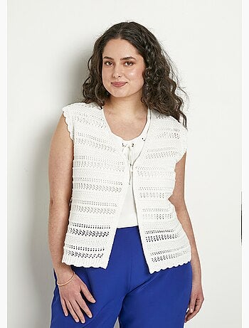 Gilet court sans manches col V ajouré écru - Afibel