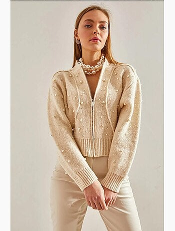 Gilet court zippé orné de perles lucci