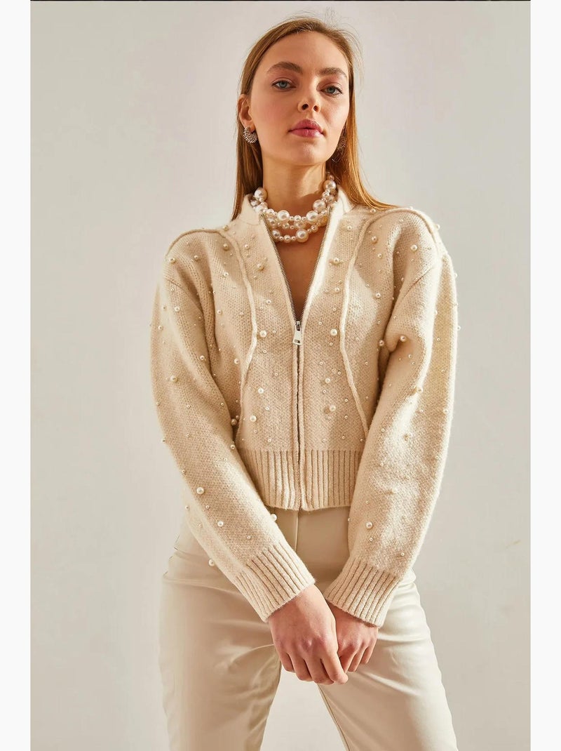 Gilet court zippé orné de perles lucci Beige argile - Kiabi