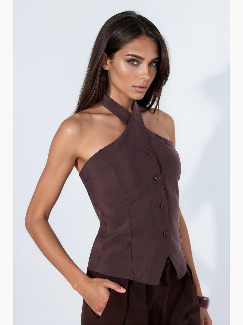Gilet de tailleur en modal mélangé col halter à nouer ajusté hiccup Marron foncé - Kiabi