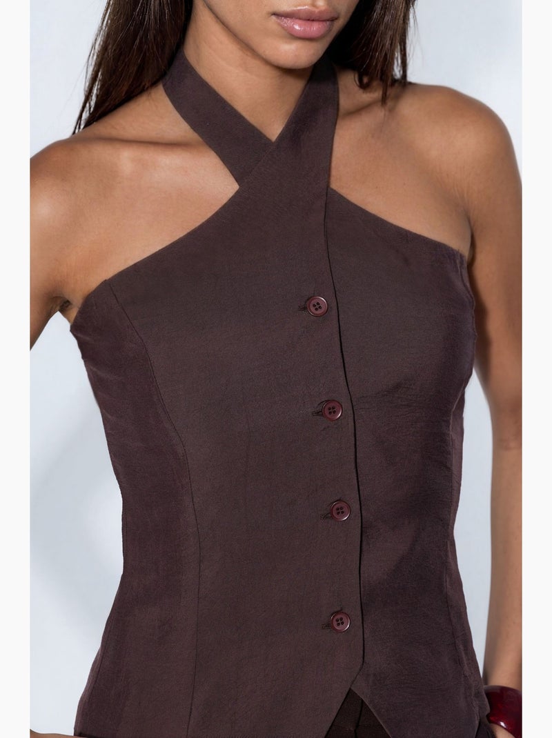 Gilet de tailleur en modal mélangé col halter à nouer ajusté hiccup Marron foncé - Kiabi