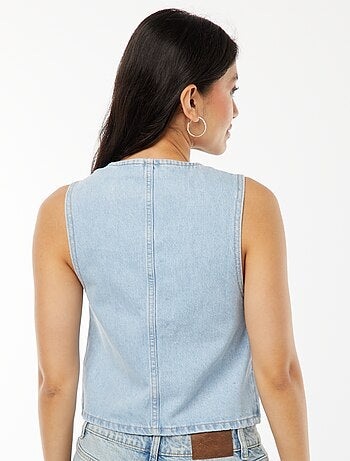 Gilet denim sans manches ouverture nouée