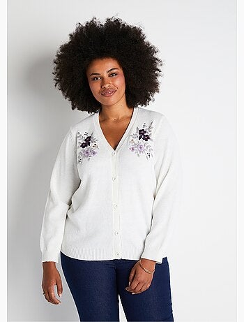 Gilet doux uni col V boutonné court brodé - Afibel
