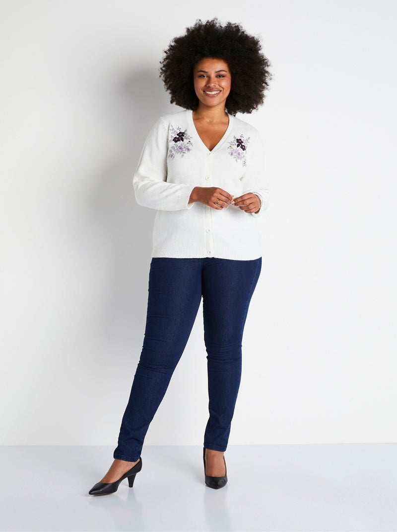 Gilet doux uni col V boutonné court brodé - Afibel Beige - Kiabi