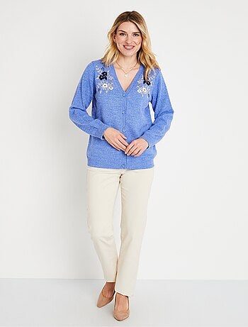 Gilet doux uni col V boutonné court brodé - Afibel