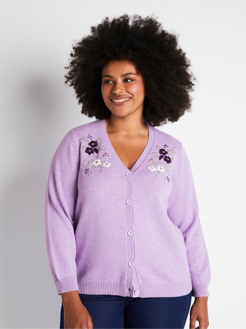 Gilet doux uni col V boutonné court brodé - Afibel - Kiabi