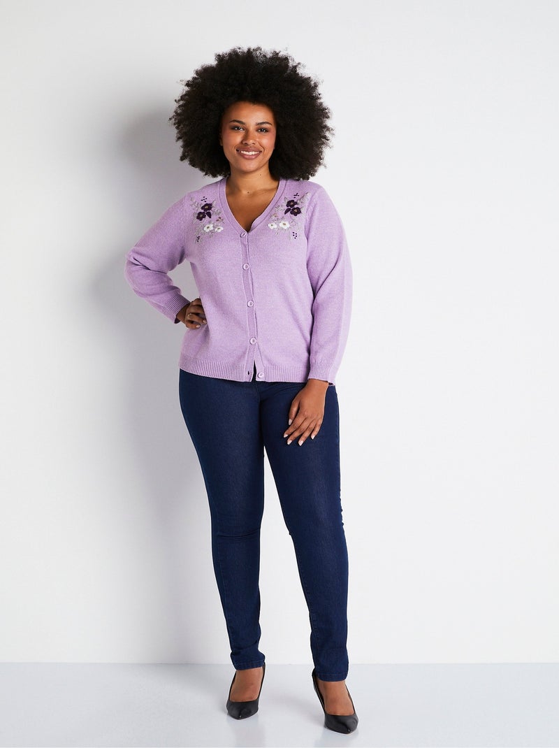 Gilet doux uni col V boutonné court brodé - Afibel Violet - Kiabi