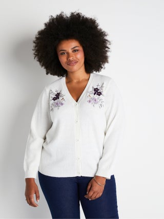 Gilet doux uni col V boutonné court brodé