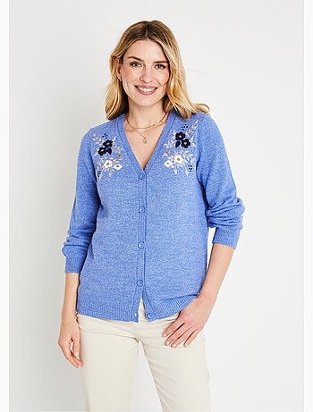 Gilet doux uni col V boutonné court brodé