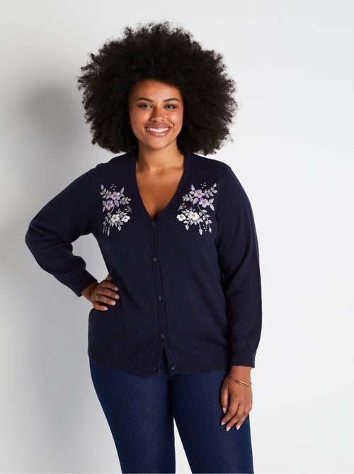 Gilet doux uni col V boutonné court brodé - Kiabi