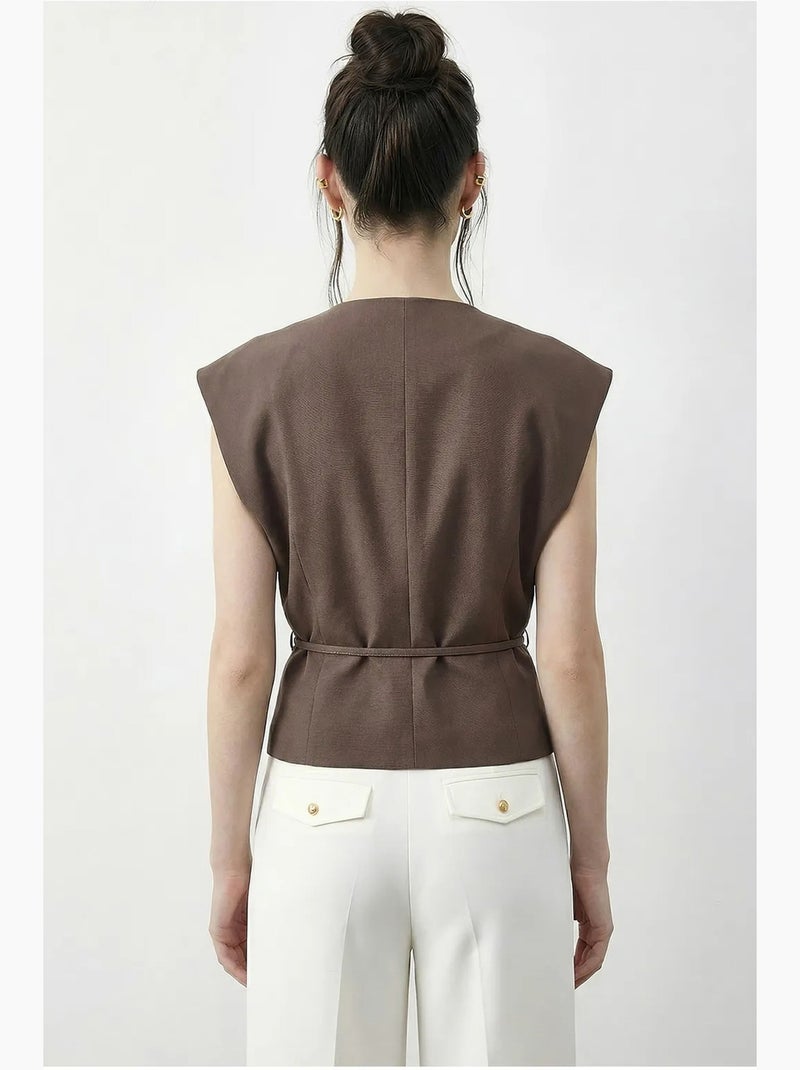 Gilet en crêpe à col en v ceinturé lucci Marron - Kiabi