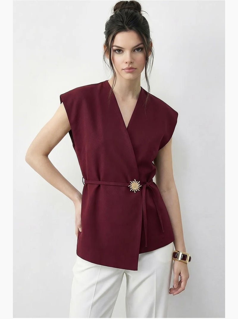 Gilet en crêpe à col en v ceinturé lucci Rouge bordeaux - Kiabi