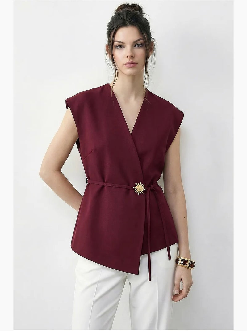 Gilet en crêpe à col en v ceinturé lucci Rouge bordeaux - Kiabi
