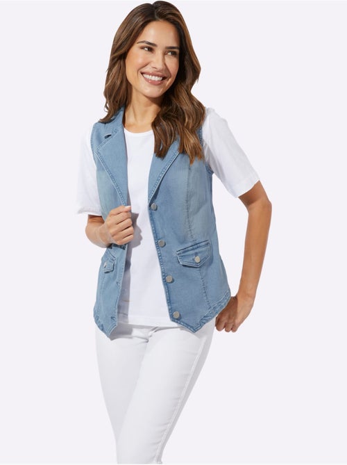 Gilet en jean à col à revers avec fausses poches - taille standard - moda vilona - Kiabi Gilet en jean à col à revers avec fausses poches - taille standard - moda vilona - Kiabi