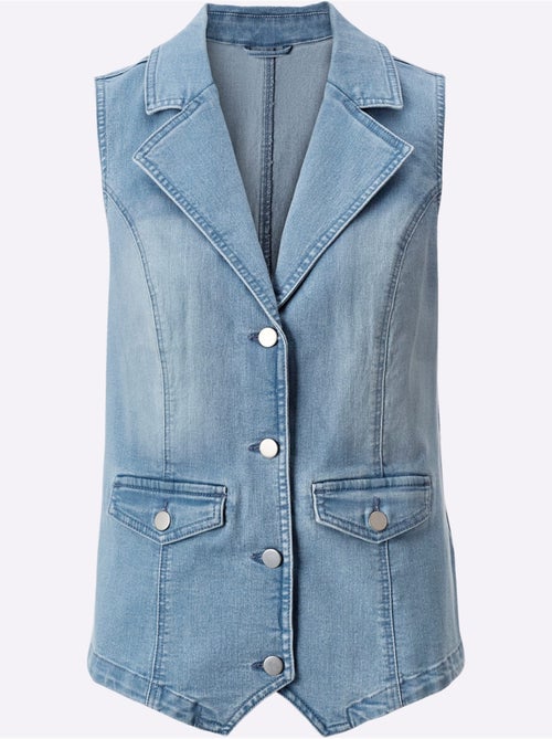 Gilet en jean à col à revers avec fausses poches - taille standard - moda vilona - Kiabi Gilet en jean à col à revers avec fausses poches - taille standard - moda vilona - Kiabi
