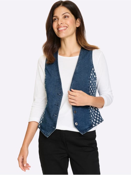 Gilet en jean à encolure en V et boutons avec broderie ajourée - Taille standard - Moda Vilona - Kiabi Gilet en jean à encolure en V et boutons avec broderie ajourée - Taille standard - Moda Vilona - Kiabi
