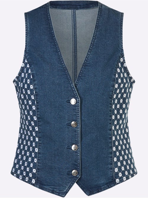 Gilet en jean à encolure en V et boutons avec broderie ajourée - Taille standard - Moda Vilona - Kiabi Gilet en jean à encolure en V et boutons avec broderie ajourée - Taille standard - Moda Vilona - Kiabi