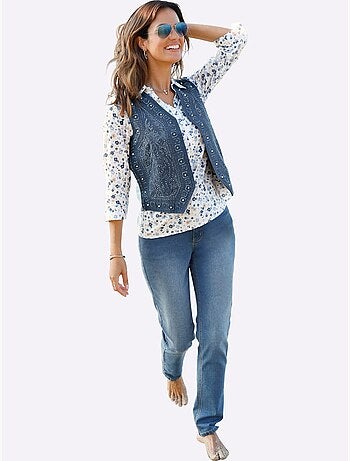 Gilet En Jean Jolie Broderie Florale Avec Perles Décoratives - Taille Standard - Witt