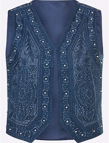 Gilet En Jean Jolie Broderie Florale Avec Perles Décoratives - Taille Standard - Witt
