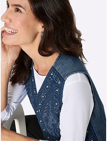 Gilet En Jean Jolie Broderie Florale Avec Perles Décoratives - Taille Standard - Witt